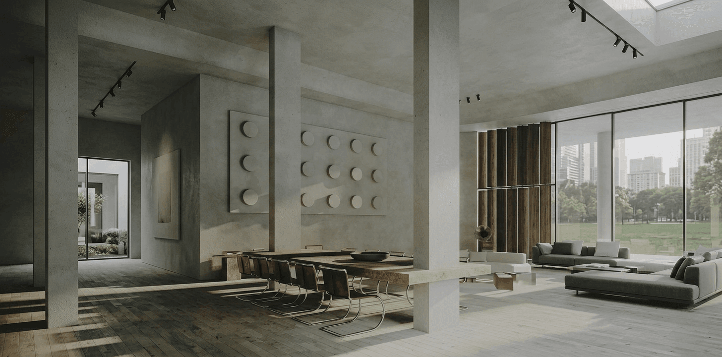 Brutalist architectural dining space — ZNTHWRLD venue collaboration for creative events